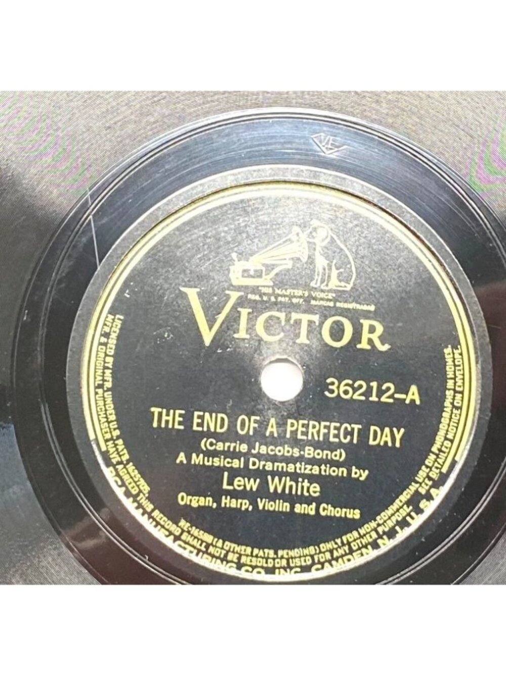Lew White The End of Perfect Day / Pilgrims Chorus 78 RPM 12" Victor 36212 VG+